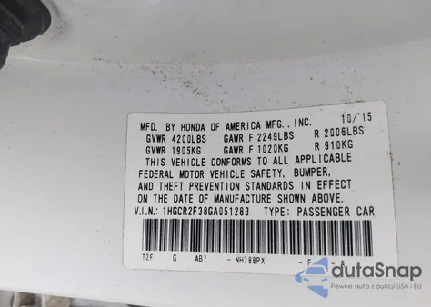 2016 Honda Accord Lx z USA, uszkodzony, nr VIN 1HGCR2F38GA051283